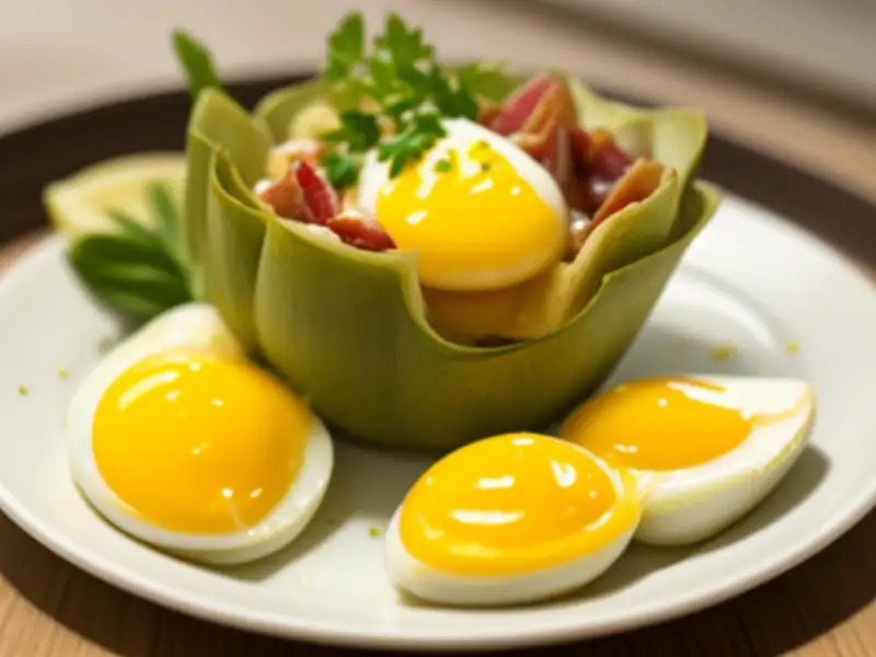 Alcachofras com bacon e ovos pochê