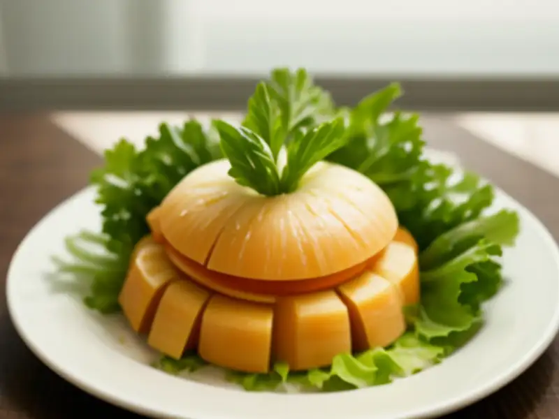Salat mit Erdäpfeln und Karotten, mit einer Sauce auf Karottenbasis.