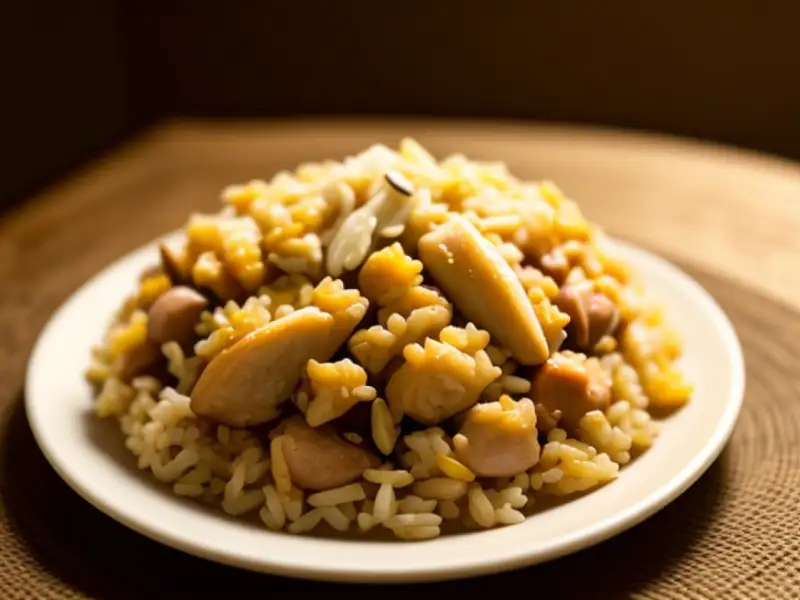 Arroz com frango, ninho de andorinha e jujubas