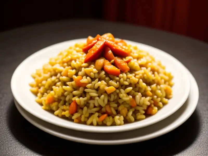 Arroz salteado com pak choi e carne