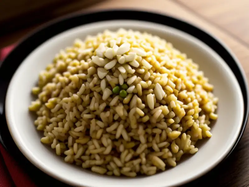 Arroz frito ao molho barbecue, carne de porco moída e nabo japonês