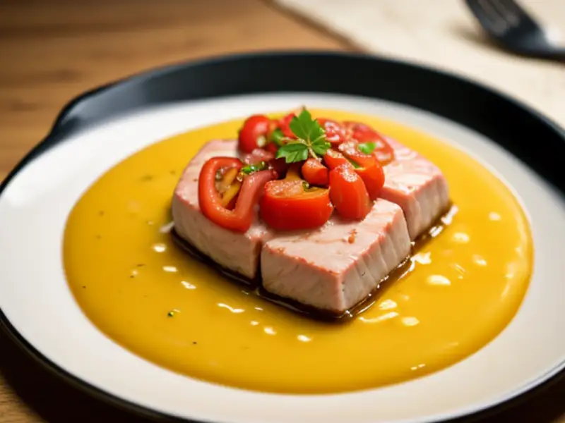 Atum na frigideira com cebola confitada e pimentões