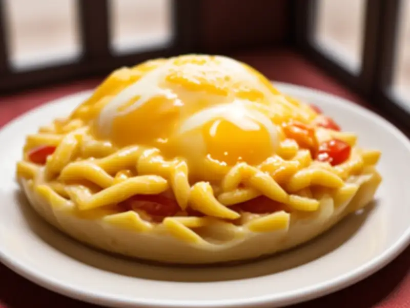 Microwave baked pasta with tomato and egg
