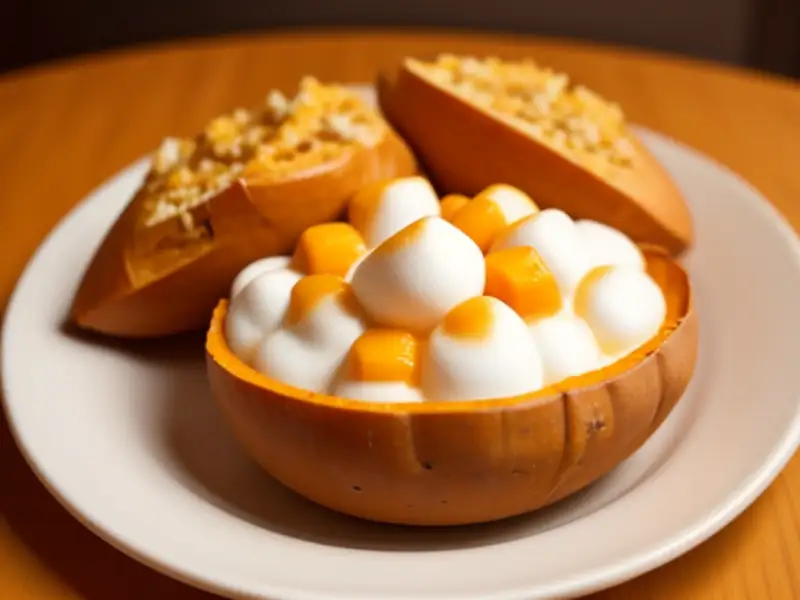 Batatas doces assadas, laranja e marshmallow