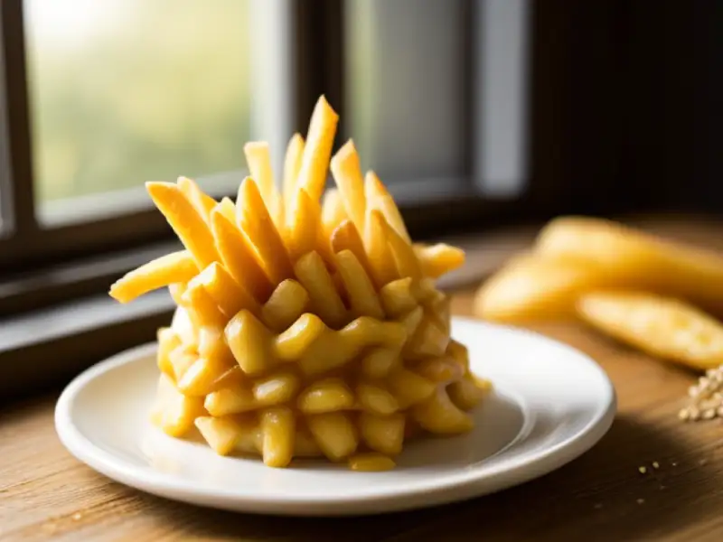 Batatas fritas com queijo e molho escuro