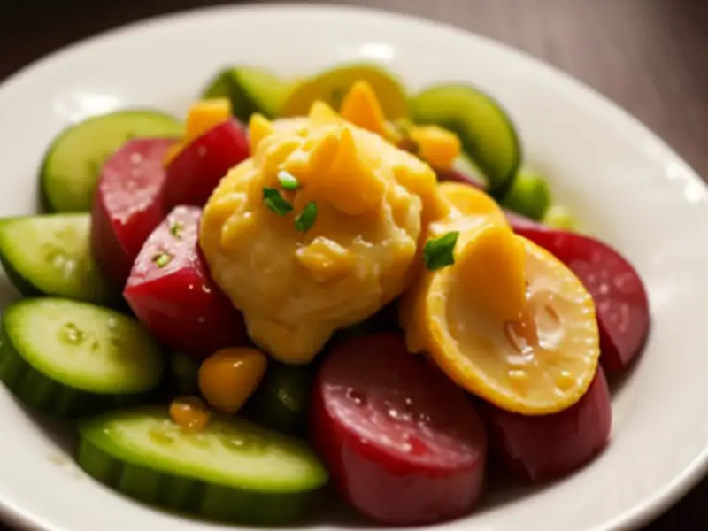 Salade van geroosterde wortels, knoflook en gepickleerde komkommer