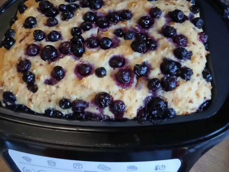 Broodpudding van oud brood bedekt met blauwe bessen in de kuip van een Cake Factory