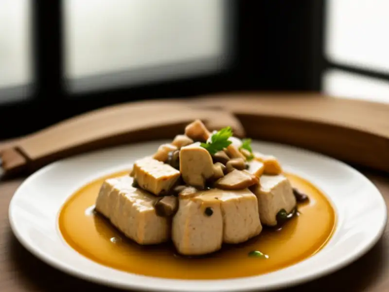 Codornas cozidas com tofu e cogumelos