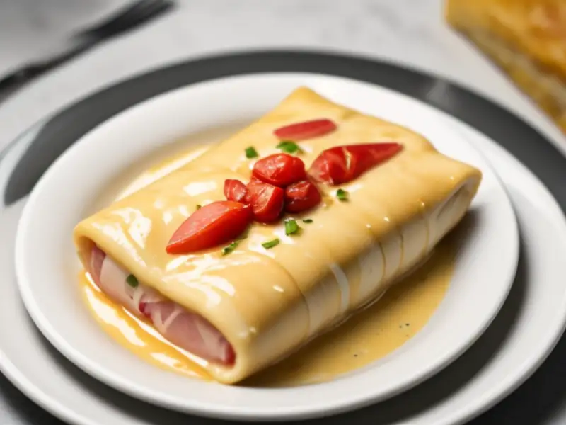 Canelones de frango à brasileira, enrolados de muçarela e presunto