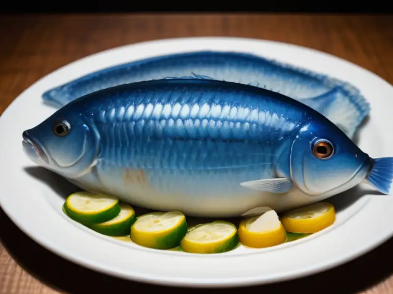 Carpa ao azul com legumes e molho cremoso de raiz-forte