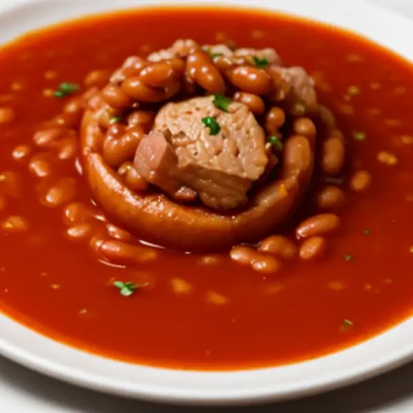 Cerdo estofado con frijoles y salsa de tomate.