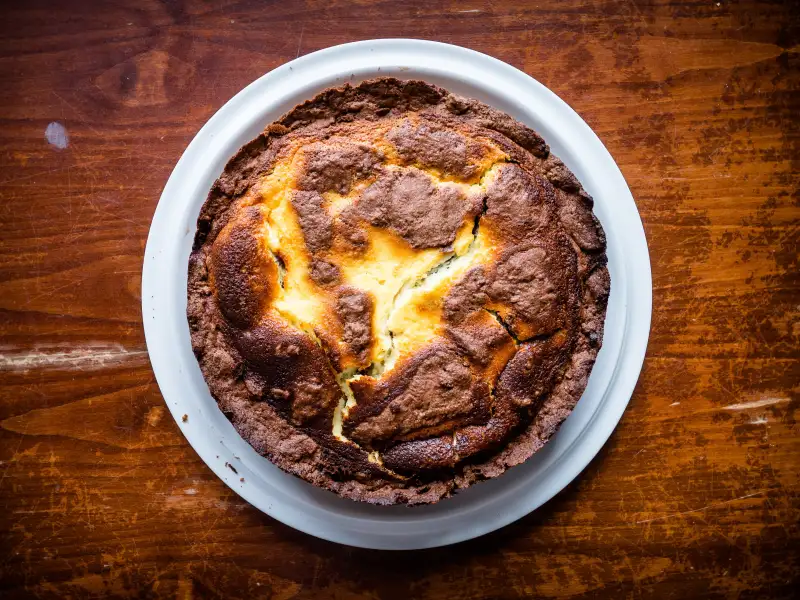 German cheesecake with white cheese and cocoa dough