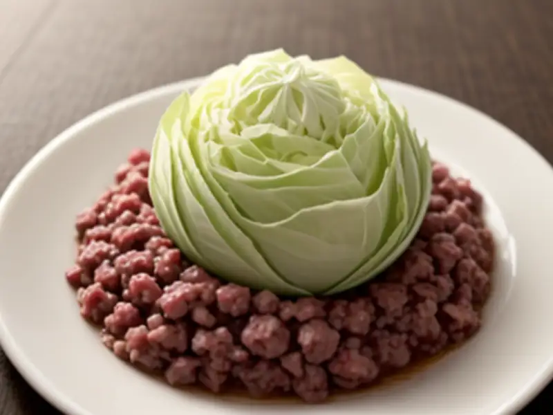 Chou blanco relleno en capas con carne picada.