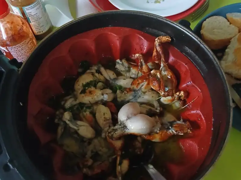 Cuisses de grenouille à l'ail et au persil dans le moule en silicone rouge de l'air fryer, servies avec du pain