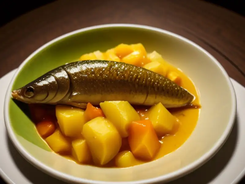 Chemmeen ozhichu curry, camarões com moringa e manga verde