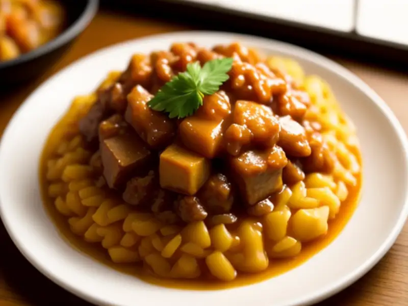 Curry de proteína de soja com pêssego e banana