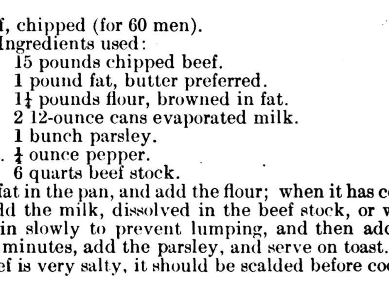 Beef, dried and served in a creamy sauce, on toast.
