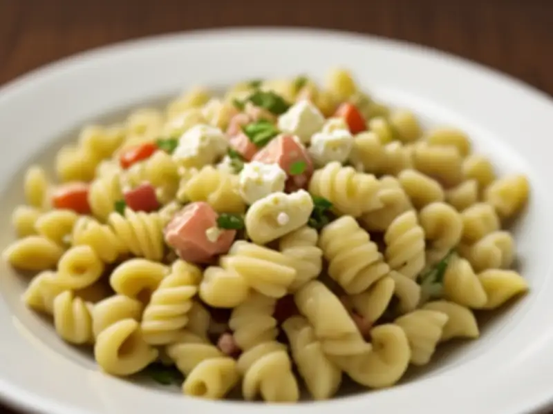 Ensalada de pasta, queso feta, jamón y pimiento.
