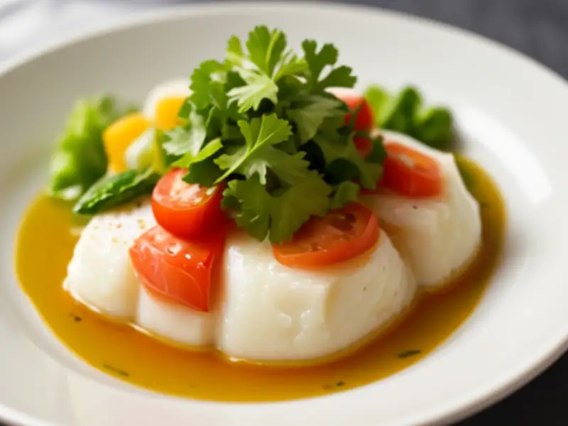 Ensalada de tomate con bacalao confitado y verduras