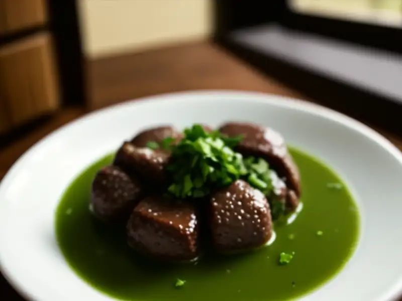 Ensopado de carneiro, um prato tradicional norueguês com carne de ren e cogumelos.
