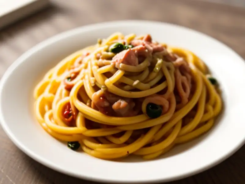 Espaguete com presunto de Parma e azeitonas