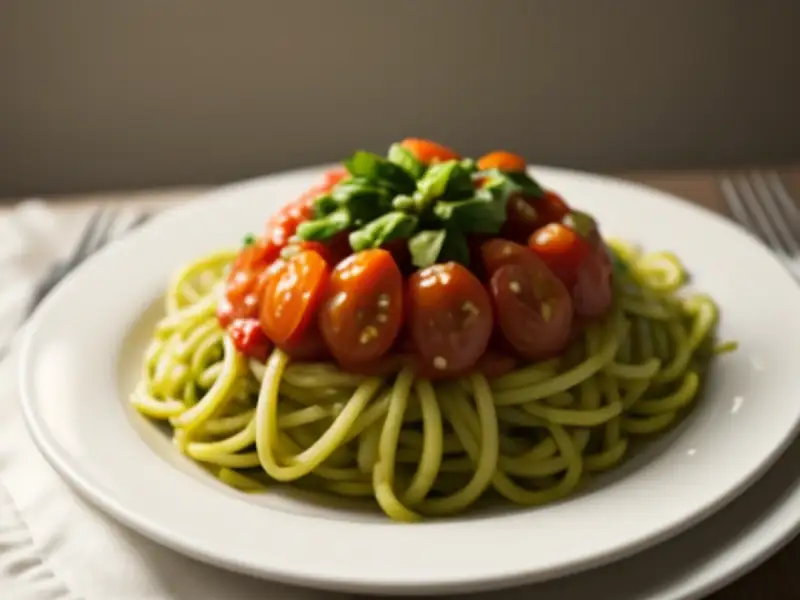 Espaguetis con calabaza, pimiento cherry y tomate