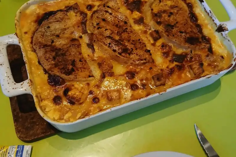 Feta tartiflette fresh out of the oven, golden and ready to serve