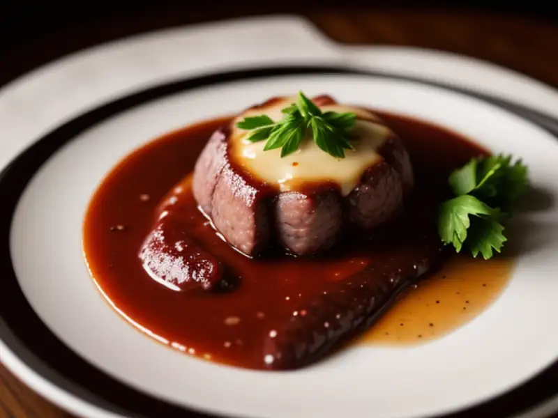 Filé de veado na frigideira, molho de vinho tinto