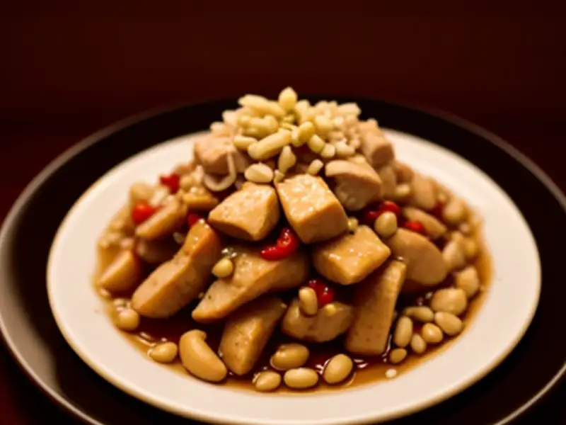Gong bao ji ding, frango kung pao com amendoim e pimentas secas