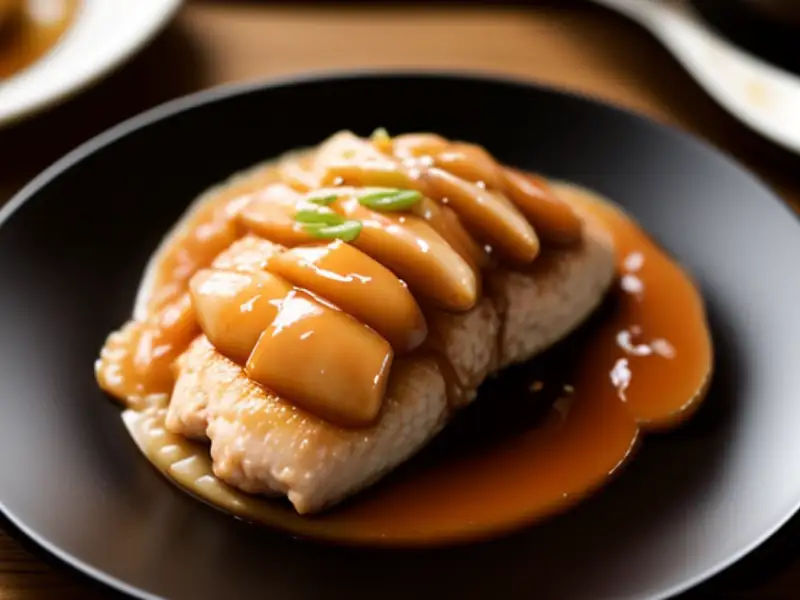 Frango teriyaki com pera, molho agridoce