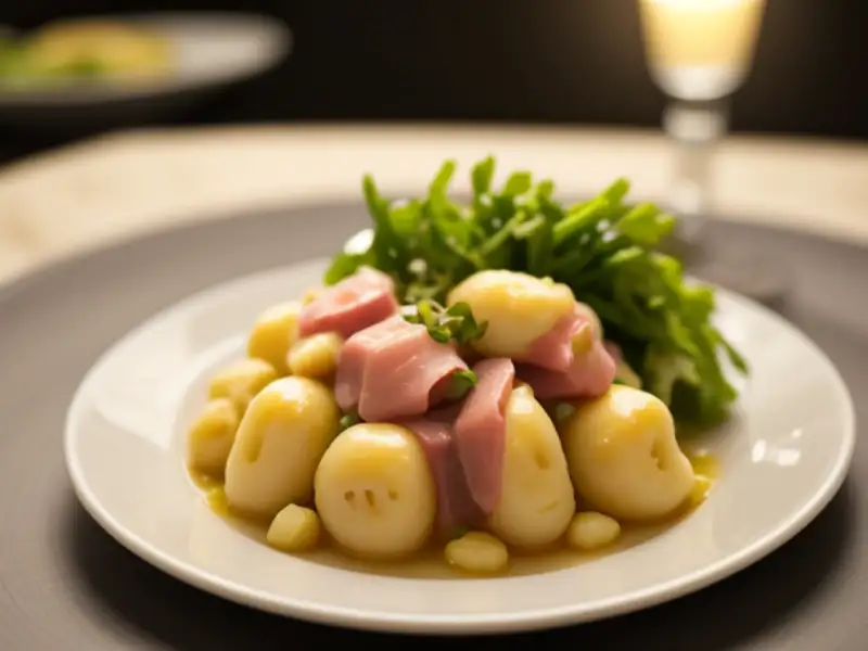 Gnocchi con porri e prosciutto