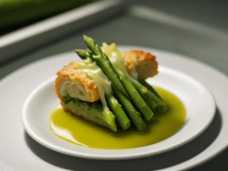 Groene asperges, omhuld met een korst van spekkoek.
