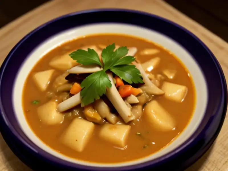 Gulai rebung com anchovas frescas e leite de coco