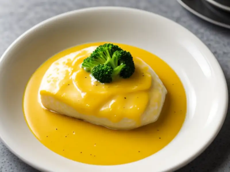 Hake in cream sauce, sweet potatoes, and broccoli