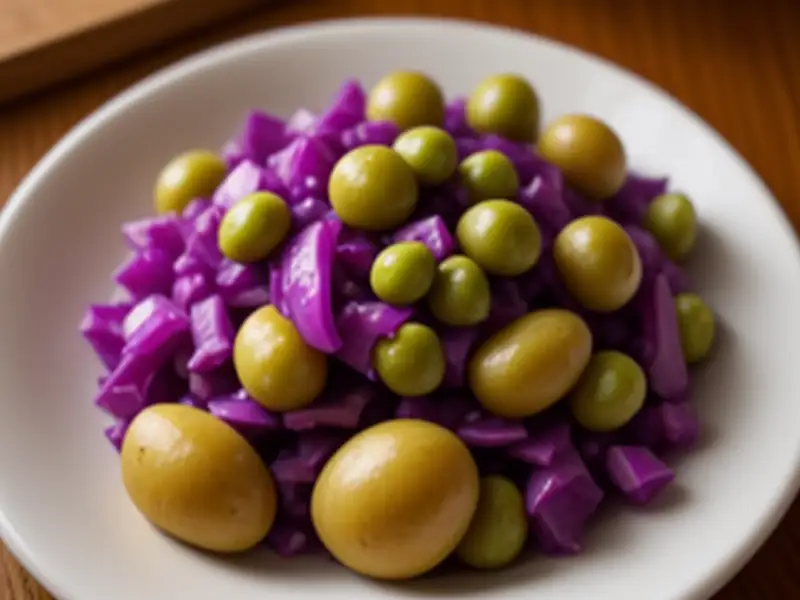 Insalata di cavolo rosso, mele di terra e piselli
