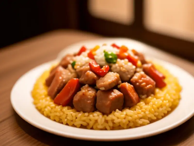 Kantonesische Reis-Pfannkuchen mit Schweinefleisch und Wurst