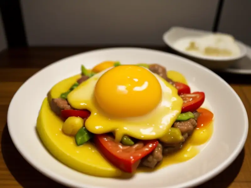 Lamb stir-fry with eggs, in the style of Gandja