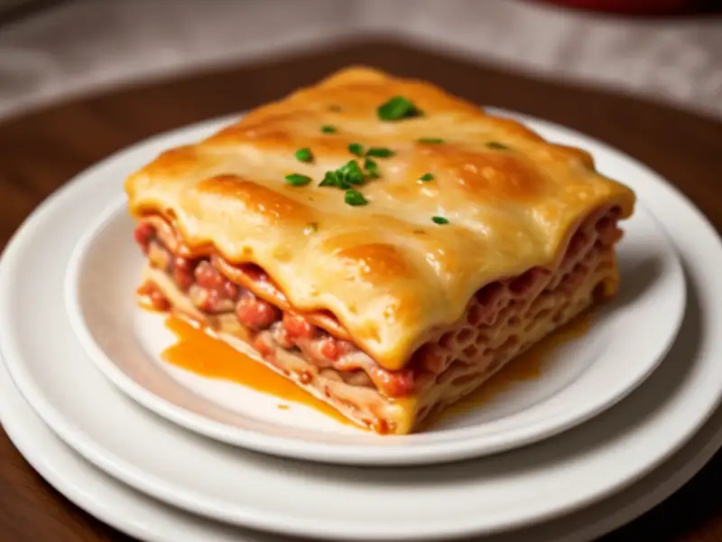 Lasanha de carne, cogumelos e pimentão