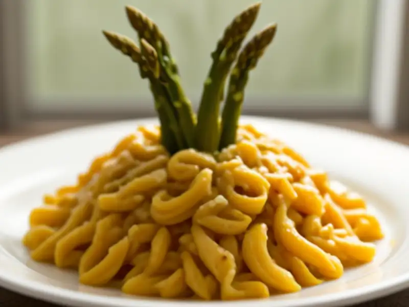 Mafaldine com aspargos, tomate e açafrão