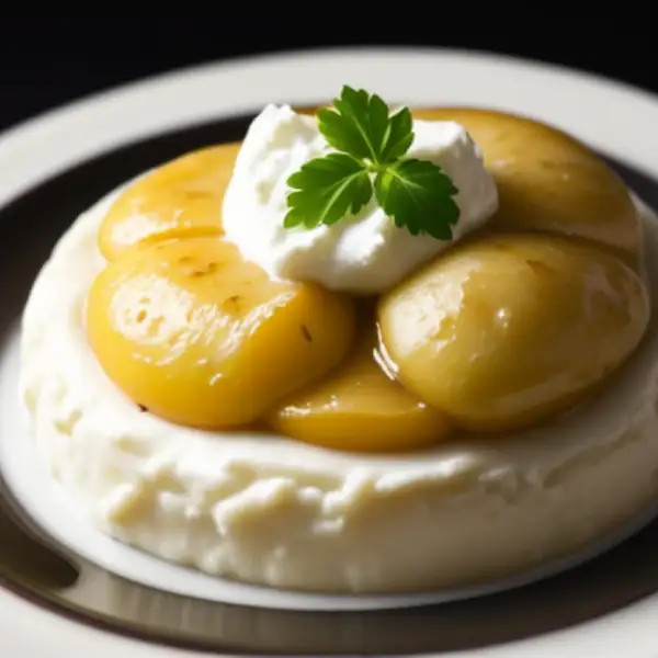 Torta di mele con formaggio di capra, presentata in piccoli bocconcini.
