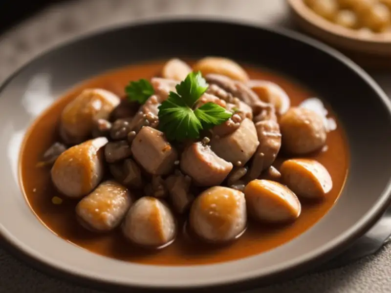Menudo de porco com urucum e salsichas