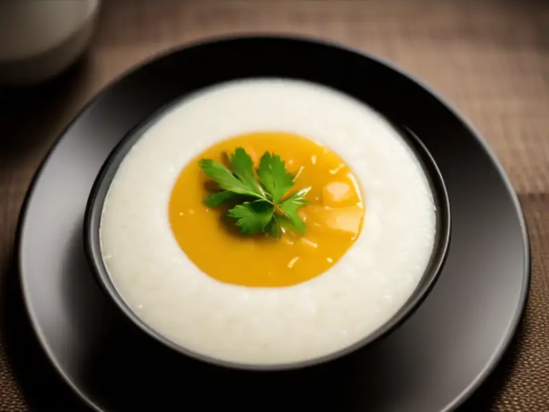 Jok, mingau de arroz tailandês com carne de porco e ovo.