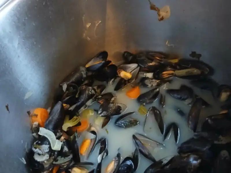 Moules au vin blanc et aux légumes, carottes et poireau, dans une grande casserole en inox après cuisson