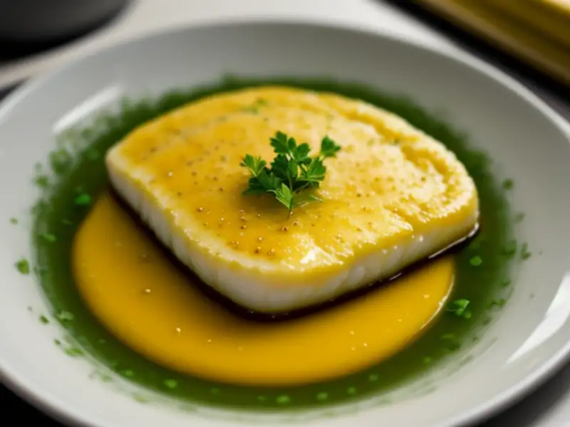 Pan-fried cod, oil paint depicting Allium sativum (garlic) and parsley.