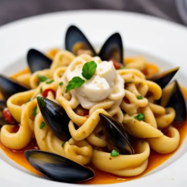 Nudeln mit Muscheln, Kirschtomaten und gefülltem Tintenfisch