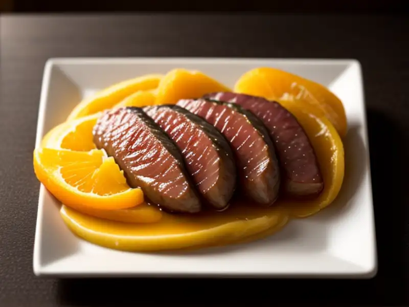 Peito de pato marinado no shoyu, molho de laranja