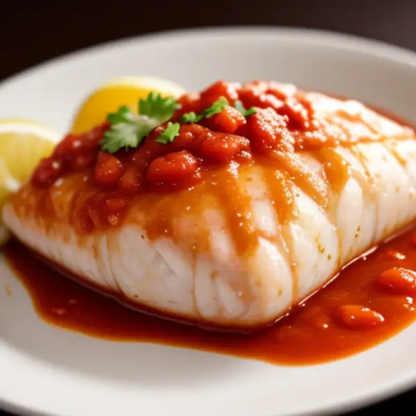Pesce al forno, salsa di pomodoro e limone verde