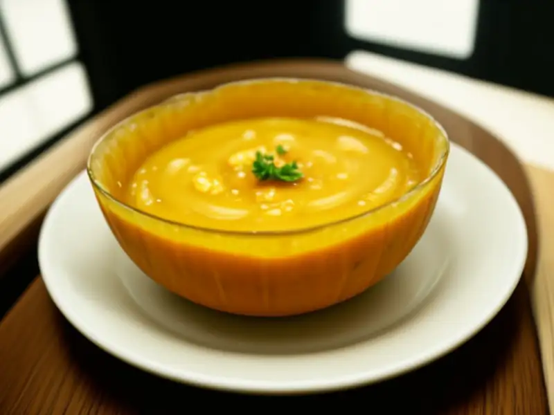 Un piatto a base di zucca e foglie di melango