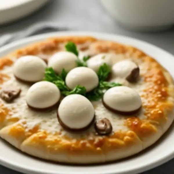 Pizza con pollo, funghi e mozzarella