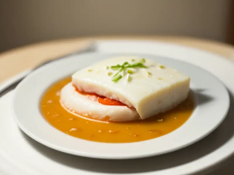 Plakia de peixe branco com cobertura de iogurte